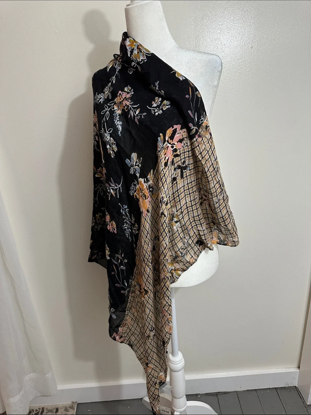 J. Jill Black Floral & Tan Plaid Lightweight Wrap Scarf